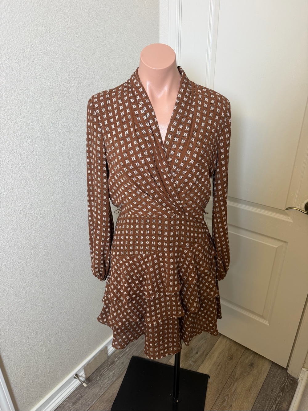 Express Brown Printed Wrap-Style Mini Dress Sz S